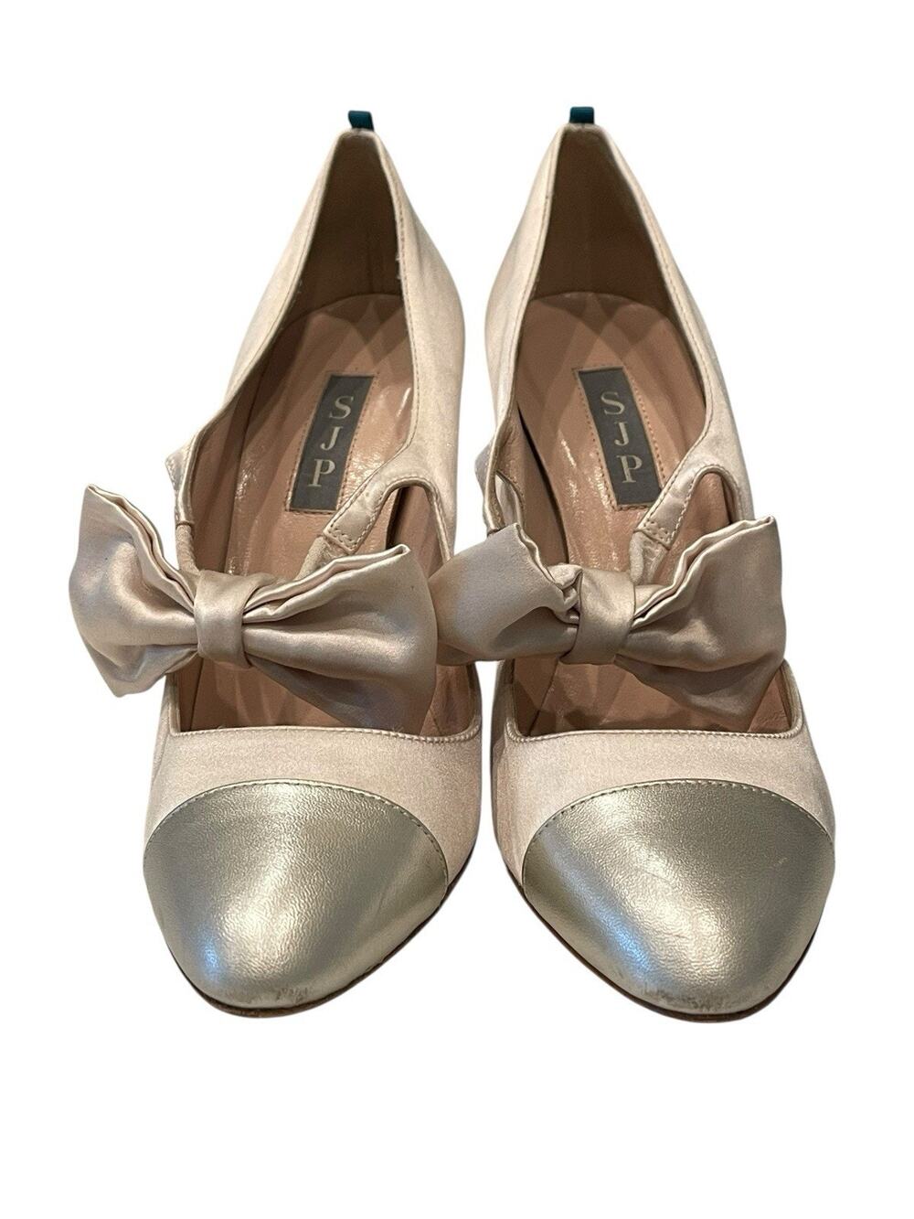 SJP by Sarah Jessica Parker Satin Bow Cap Toe Pumps Heels SZ 38.5